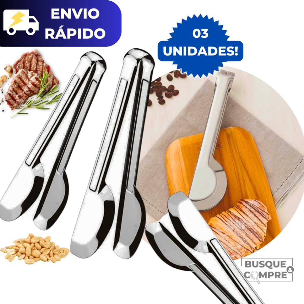 Kit 3 Pegadores Universal de Aço Inox Pegador Churrasco Salada Carne de Massas Cozinha