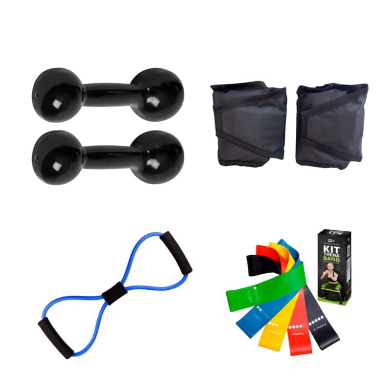 Kit Treino Completo Par Halter 2 Kg + Par Halter Caneleira 2 Kg + Kit Theraband + Elástico Multifuncional
