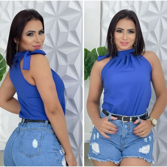 Blusa Regata Feminina Gola Alta Laço Pescoço Crepe Moda Evangelica