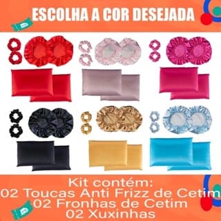 Kit Cetim Anti Frizz 2 Touca de Cetim + 2 Fronha de Cetim + 2 Xuxinha Buchinha de Cetim Para Cabelo Casal Namorado