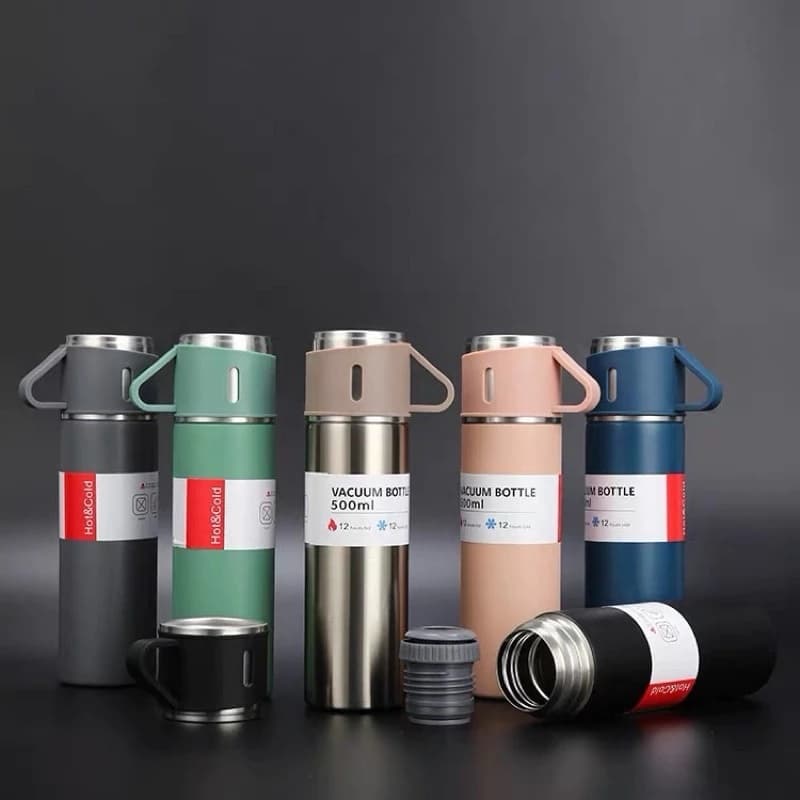 Garrafa Squeeze Fosco Térmica Aço Inox Com Copo Stainless Steel Top+3 Xícaras