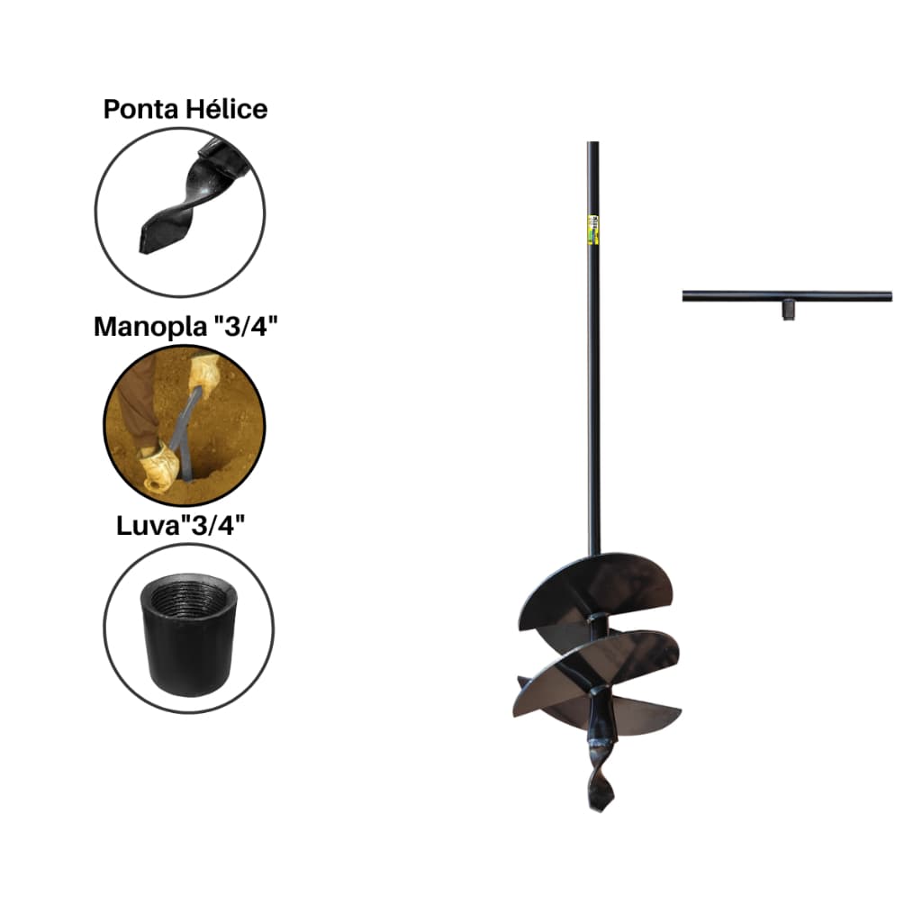 Cavadeira Trado Perfurador de Solo Manual 25 CM (10 polegadas) Cabo fixo de 1 Metro + Cabo 50CM