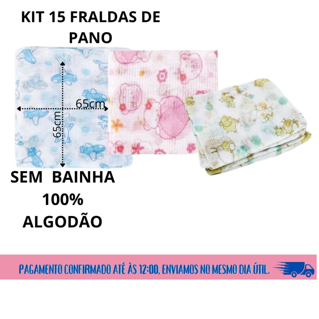 Fralda de pano para bebê - Kit com 15 fraldas - 100% Algodão