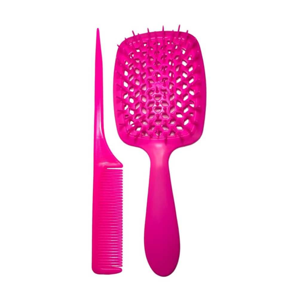 kit 1 escova raquete de plastico e 1 pente de plastico de pentear pink kit de pentear cabelos hair no banho e fios antifrizz