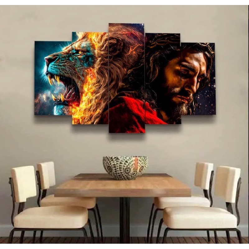 Conjunto Quadros Decorativos Para Sala Alta Resolução Mosaico Leão Paisagem Frases Flores Cristão