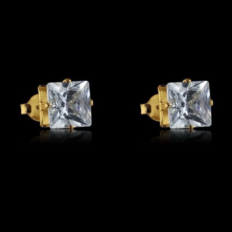 Brinco Masculino Quadrado Zircônia Banhado a Ouro 18K Luxo Joia Fina Brilho Pedra Cravejada