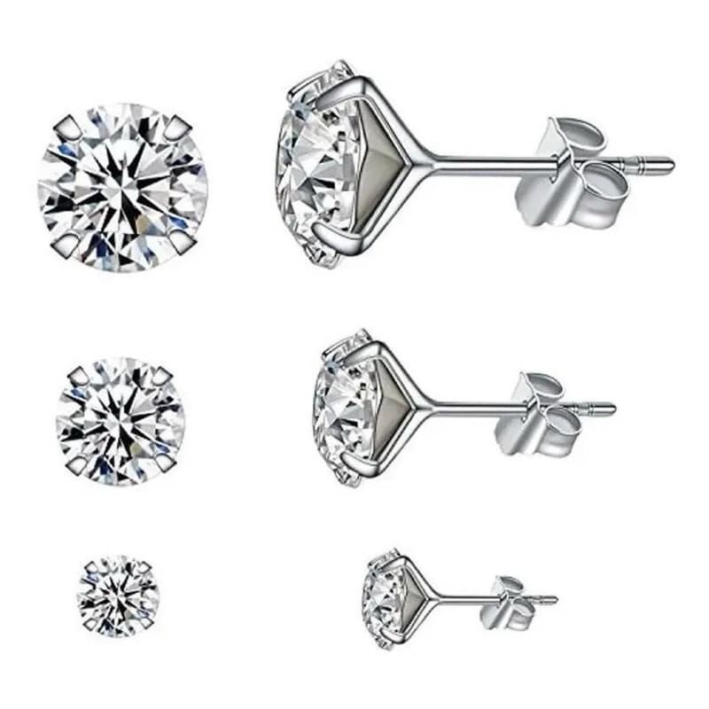 Kit 3 Pares de Brinco 8/6/5mm Feminino de Pedra Strass Prata Aço Cirúrgico Masculino