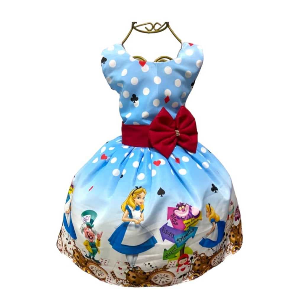 Vestido Infantil Temático ALICE Aniversários e Festas.