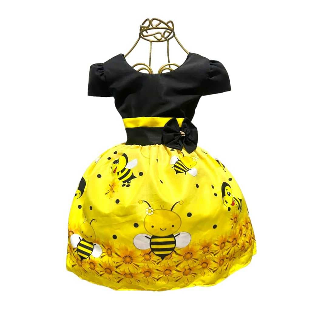 Vestido Infantil Temático Abelinha Aniversários e Festas.