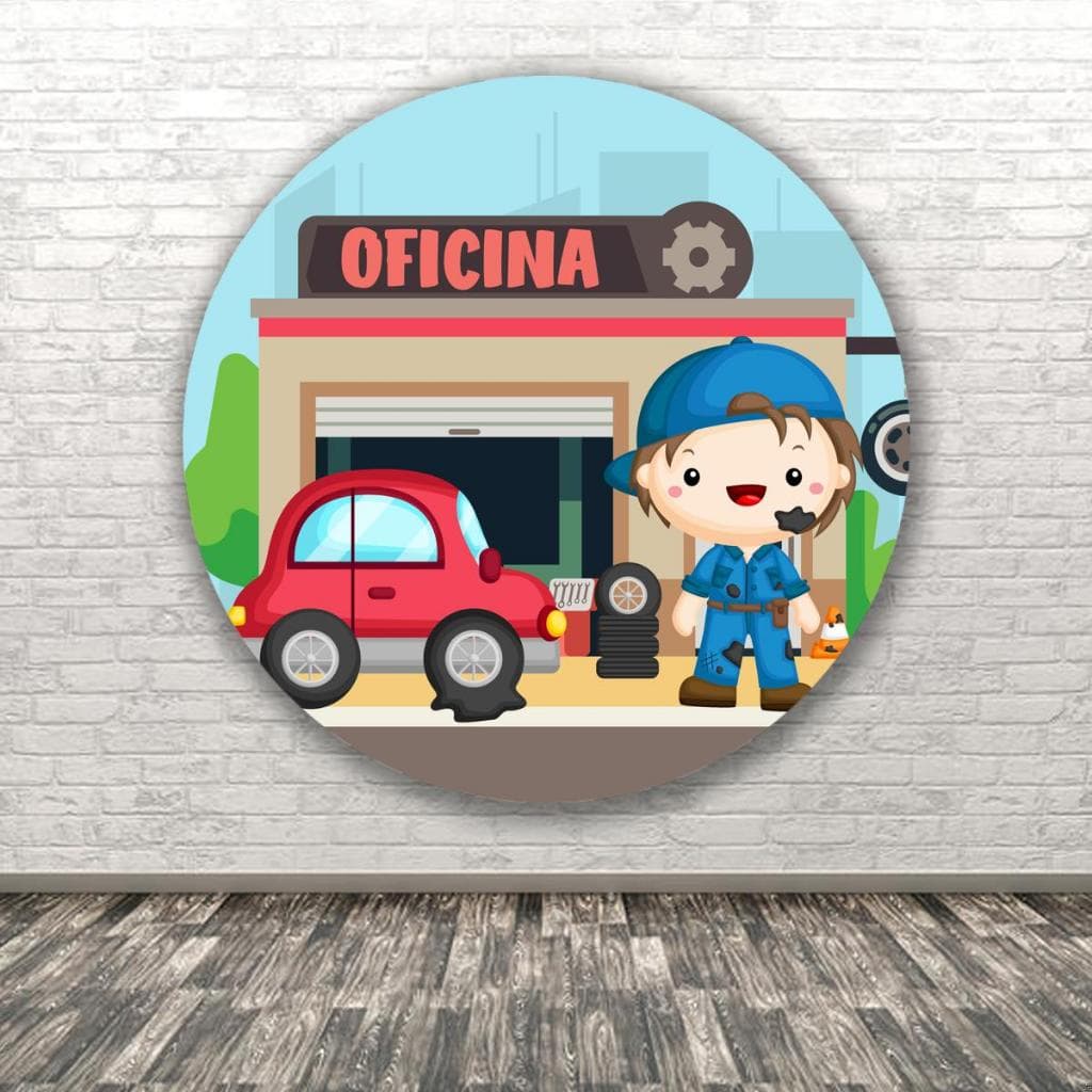 Painel Redondo Tematico Oficina Mecanica Carros Decoração Festa Aniversario Cenario Fotografico Tecido Malha subimada