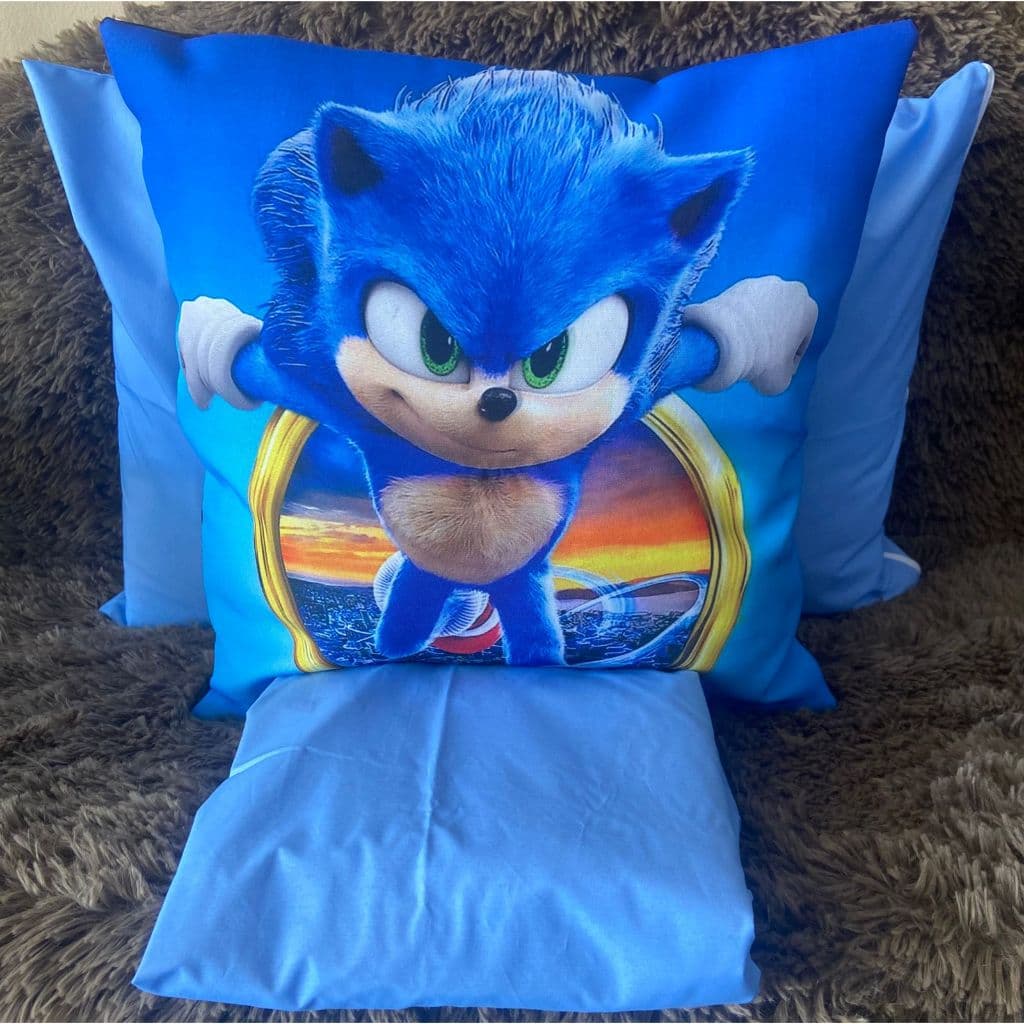 Jogo de Lençol 3 peças Solteiro Sonic lençol com elastico, fronha com ziper capa de almofada Sonic