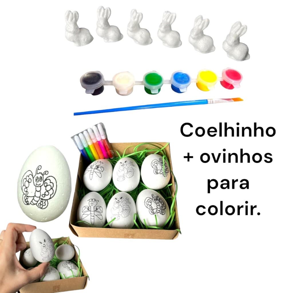 Decoração de páscoa kit para presente 6 ovinhos + 6 coelhinhos para colorir