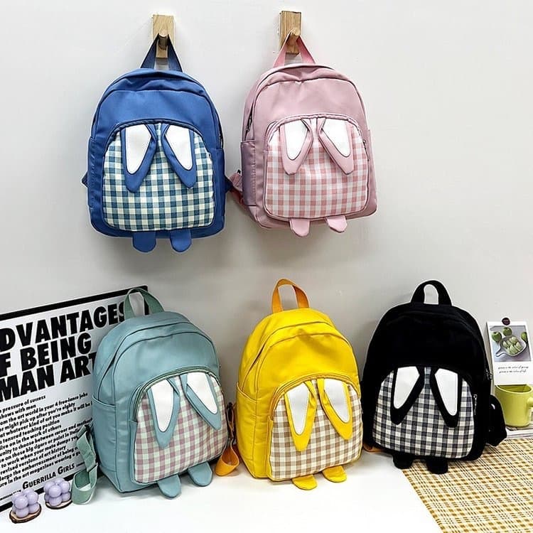 Mochila infantil feminina, bolsa pequena com orelhas de coelho de desenho animado, xadrez, cor contrastante   .