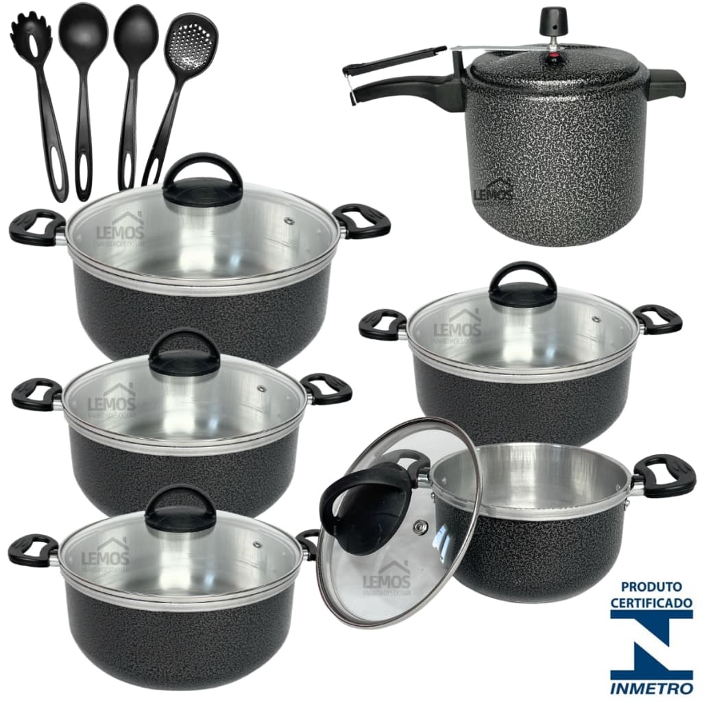 Kit 10 Peças Com 5 Panelas Tampa de Vidro 16/24 + Panela De Pressão 4,5 Litros Craqueada + Pegador Colher Concha Escumadeira Nylon