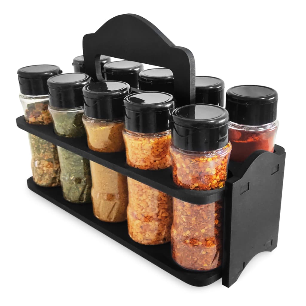 Porta Tempero Madeira com Alça Preto ou Bege + 10 Potes Plástico 130ml Tempero Tampa Dosadora Dupla