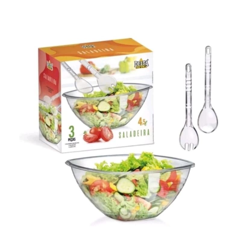 Saladeira 3 peças Acrílico Cristal Acompanha 2 Talheres Salada