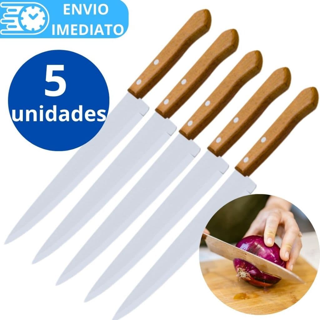 KIT 5 Faca De Cozinha Inox Profissional Tamanho 5 Do Chef Cabo Madeira para Casa Restaurante Carne Churrasco Legume