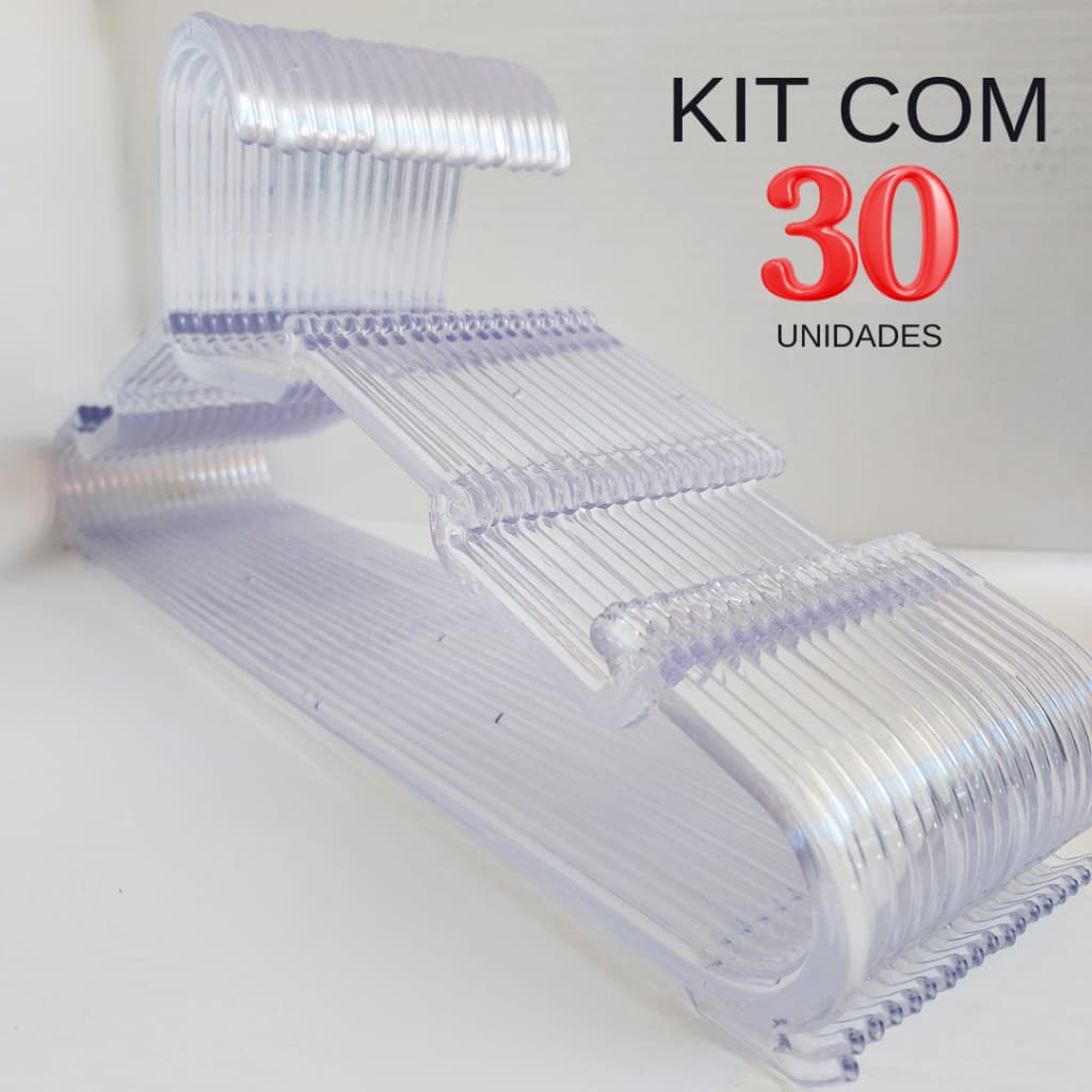 KIT 30 CABIDE TRANSPARENTE CRISTAL ADULTO REFORÇADO E RESISTENTE ROUPAS PESADAS