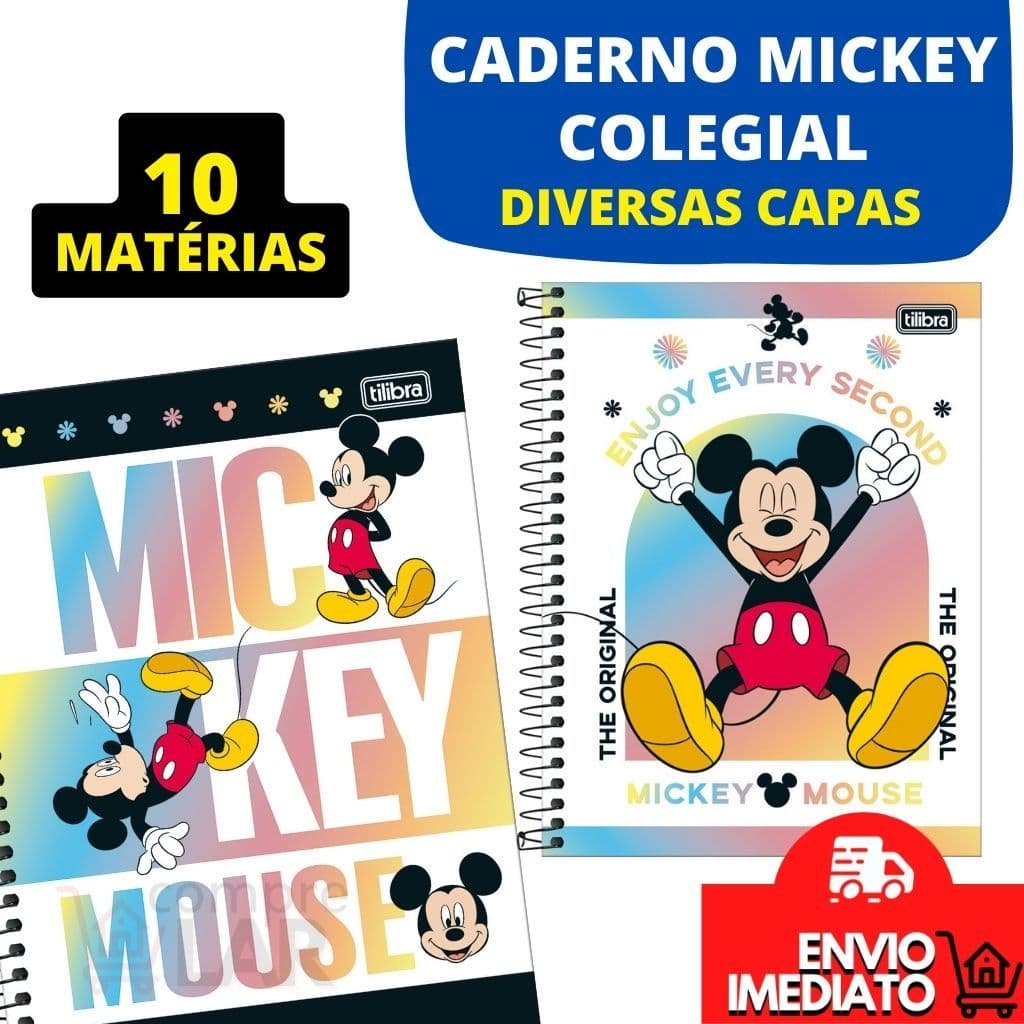 Caderno MickeyTamanho Colegial 10 matériass Unissex Tilibra Diversas Capas Material Escolar E Escritório