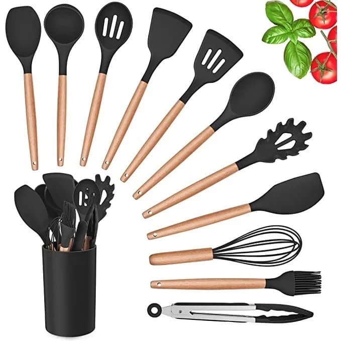 Kit Jogo 12 Peças Utensílios de Cozinha Silicone Colher Espátula kitchen Livre de BPA Antiaderente com Suporte