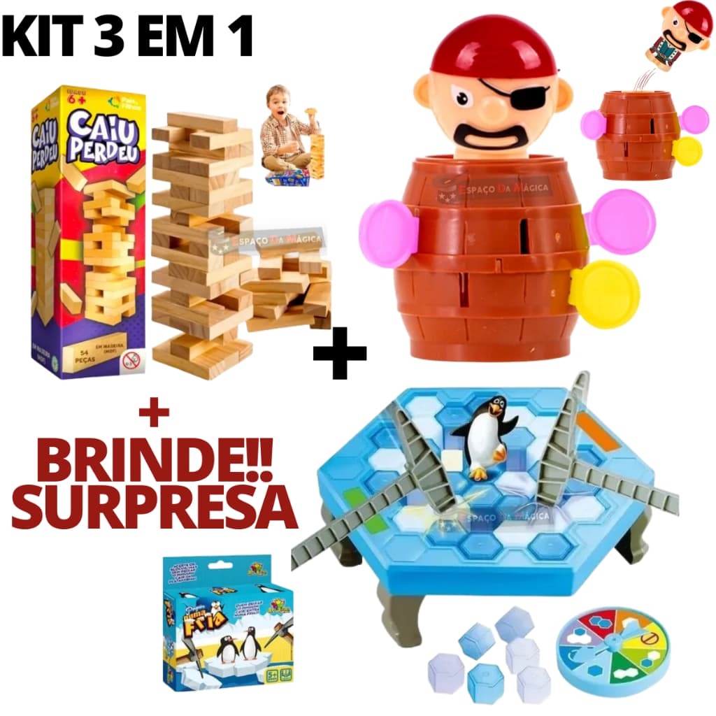 Jogo Barril Pula Pirata + Jogo Caiu Perdeu + Quebra Gelo Pinguim