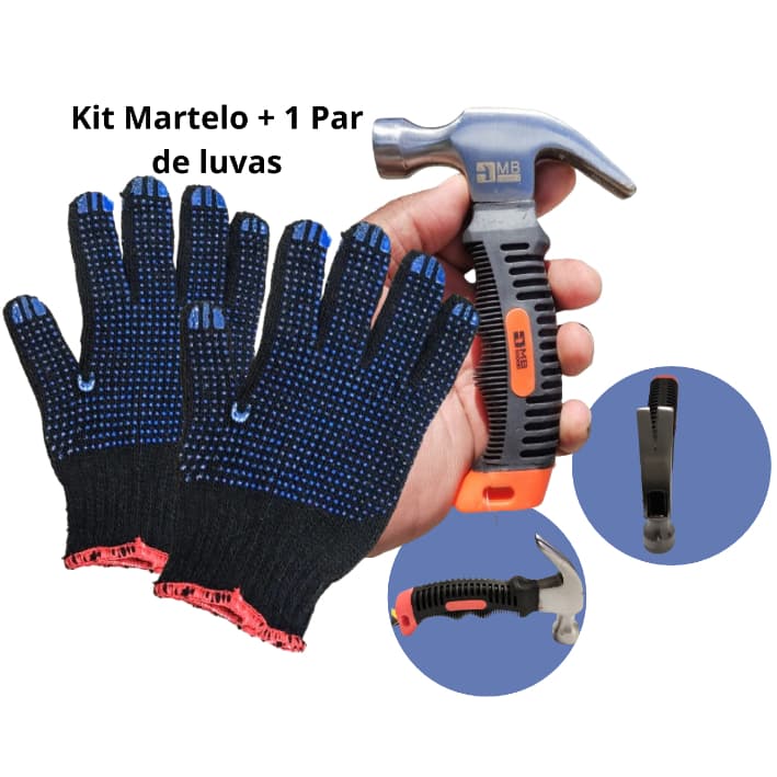Martelo Mini 16cm 6'' Com Cabo Curto Emborrachado + 1 Par de Luvas Martelinho Cabo Ante deslizante