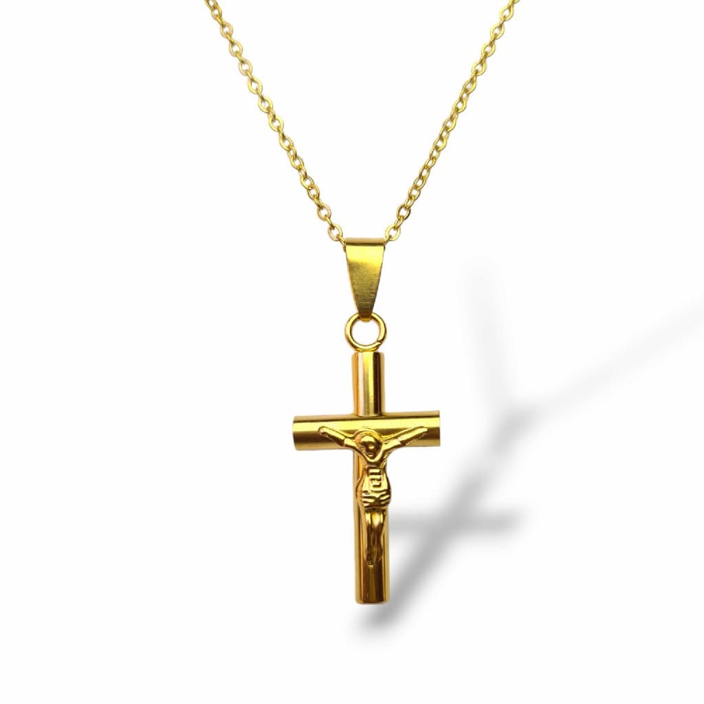 Kit Cordão Unissex Religioso Com Pingente Cristo Crucificado Cor Dourada em Aço Inox