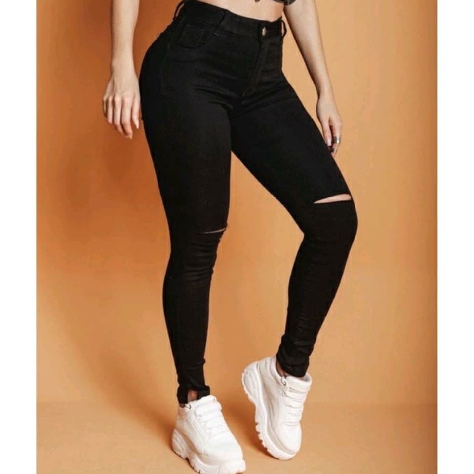 Calça Jeans Preta Feminino Rasgada no Joelho Skinny Cintura Alta Cos Alto