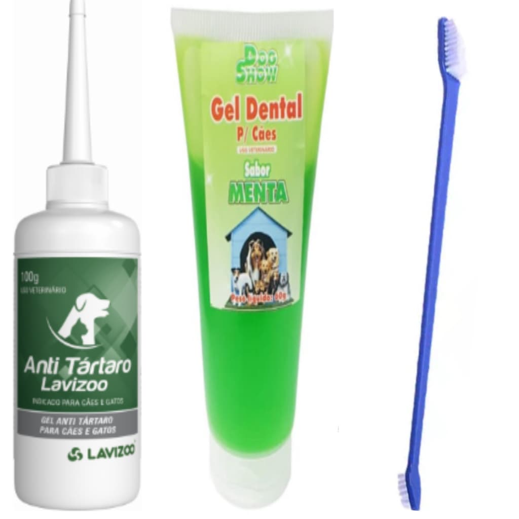 Kit Anti Tartaro Lavizoo 100g Cães E Gatos + Escova Dupla + Pasta de Dente Gel Pet Sabores