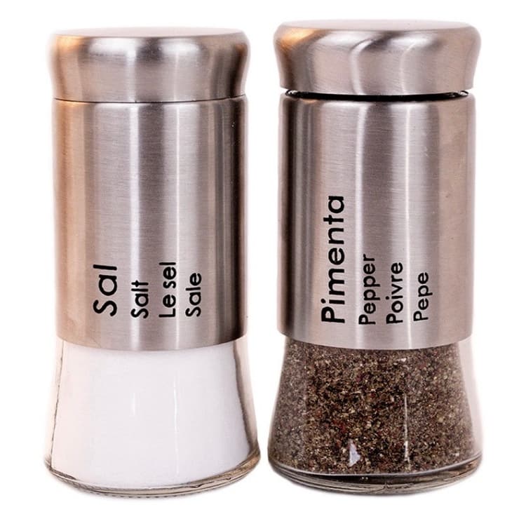 Kit Saleiro e Pimenteiro Gourmet Em Vidro Aço Inox Com Visor - 2 Peças
