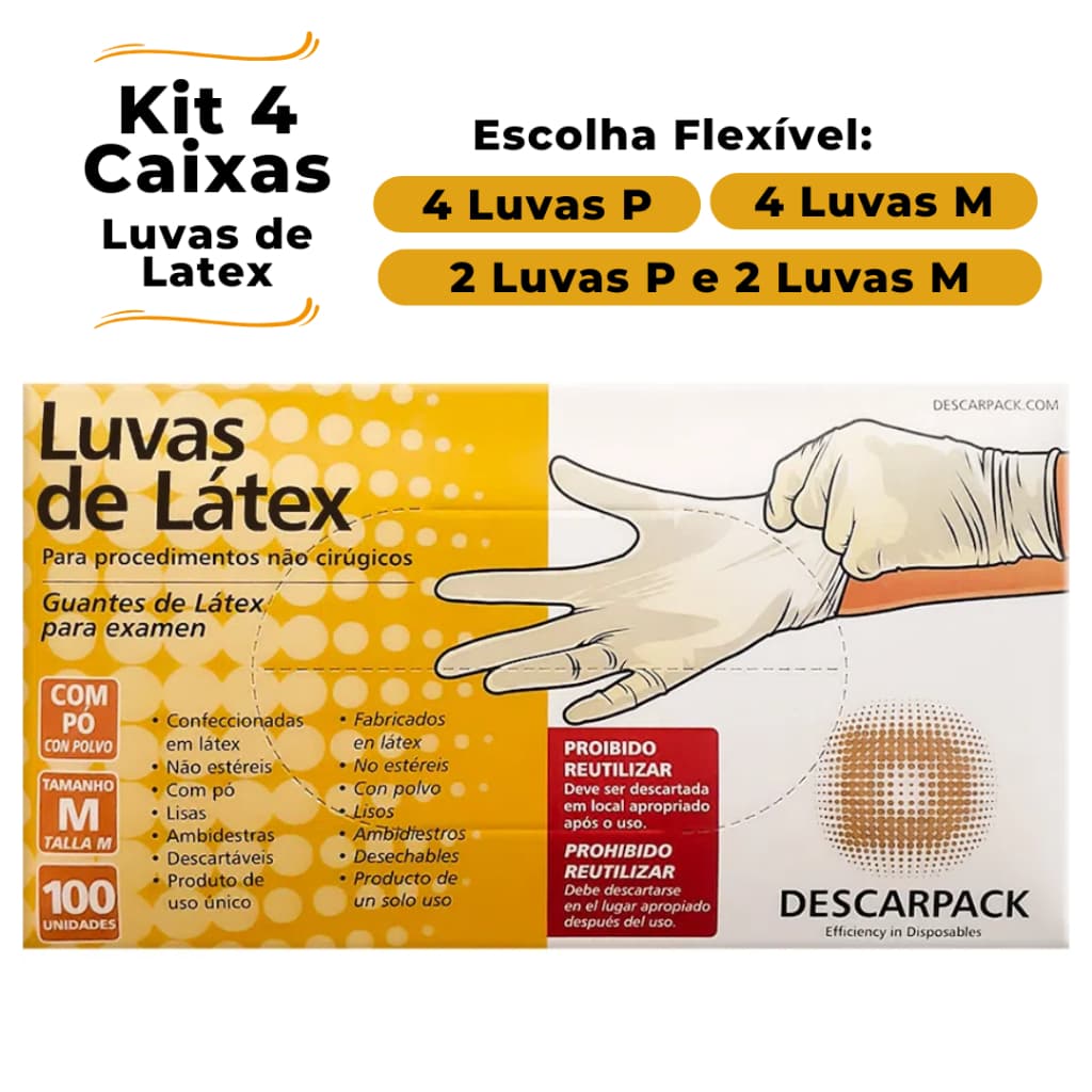 Kit 4 Caixas de Luvas de Látex para Procedimento Descarpack -  PP, P, M e G