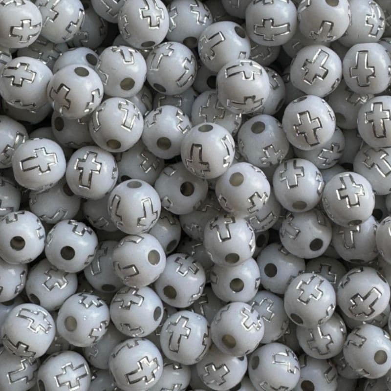 Miçanga Bola C/ Cruz - 8mm - Branco/Prata - Aprox 500 Pçs