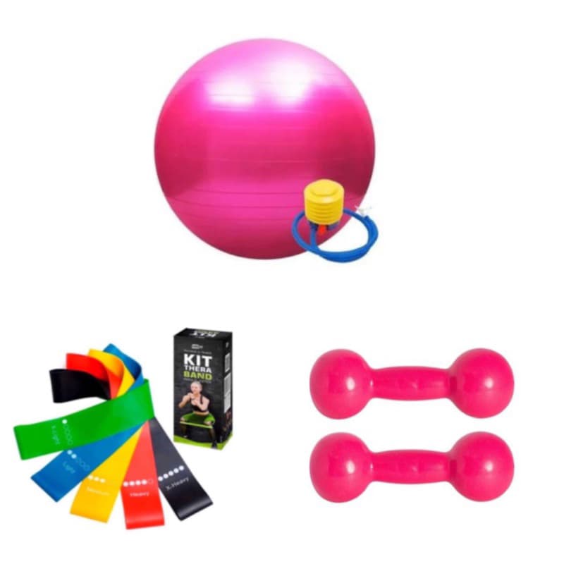 Kit Pilates Completo Par Halter 1 Kg Rosa + Kit Theraband 5 Bands + Bola De Pilates Rosa + Inflador