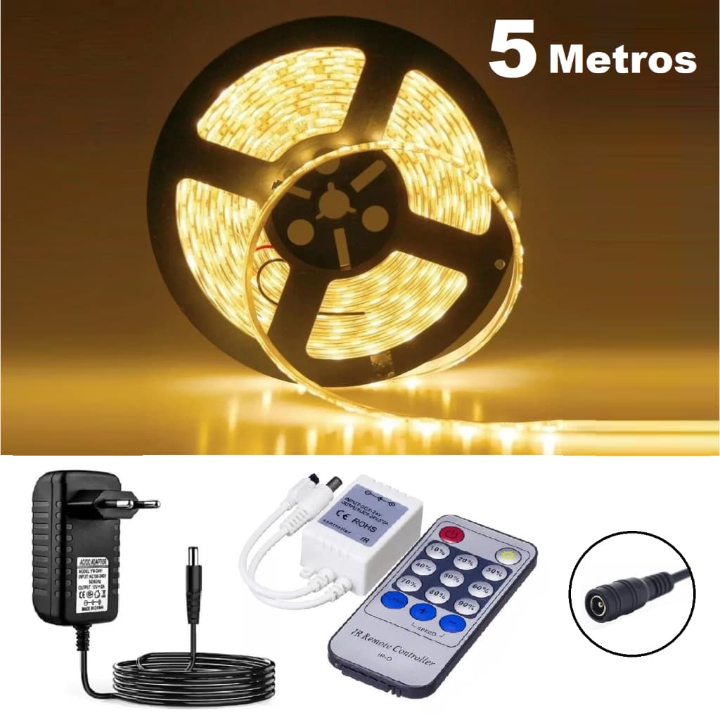 Fita LED 5 Metros IP20 Super Brilho Branco Quente ou Neutro ou Frio + Controle Remoto + Dimmer + Fonte Bivolt