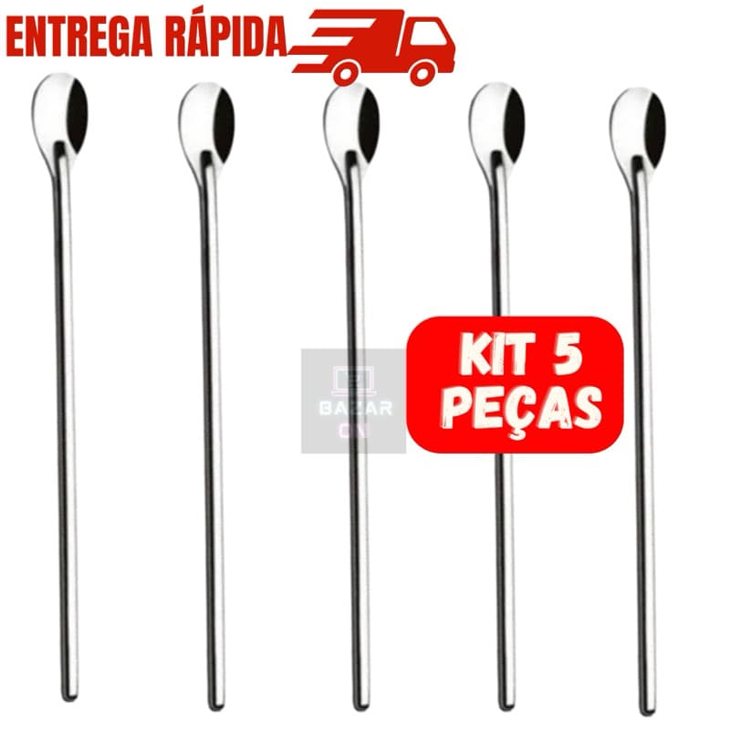 Kit Jogo com 5 Colheres Bailarina em Aço Inox Para Suco Laranja Morango Drinks Bebida Barmen