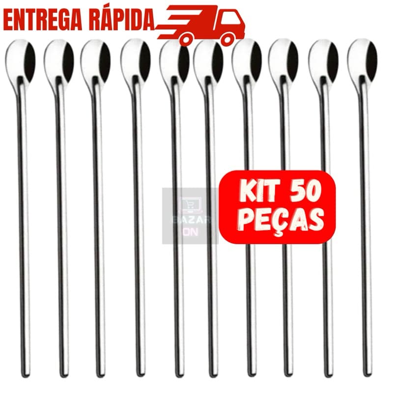 Kit Jogo com 50 Colheres Bailarina em Aço Inox Para Suco Laranja Morango Drinks Bebida Barmen