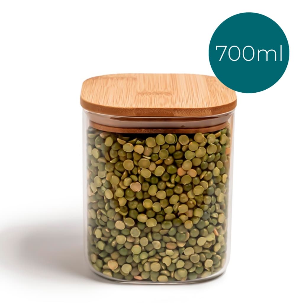 Pote De Vidro Mantimentos Quadrado Flat 700ml Tampa Bambu