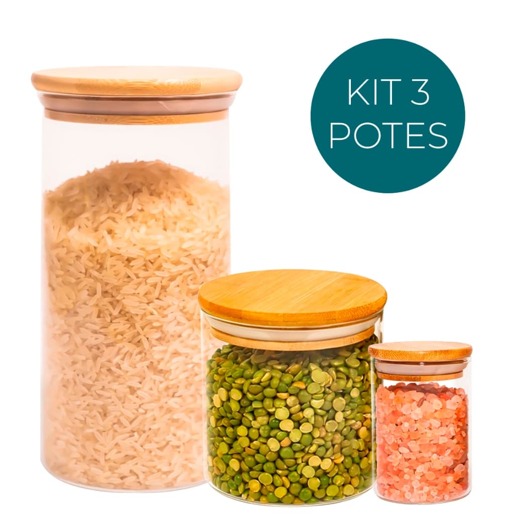 KIT 3 Potes De Herméticos 250ml/500ml/650ml Mantimentos Redondo Com Tampa Bambu