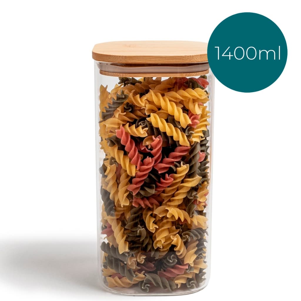 Pote De Vidro Mantimentos Quadrado Flat 1400ml Tampa Bambu