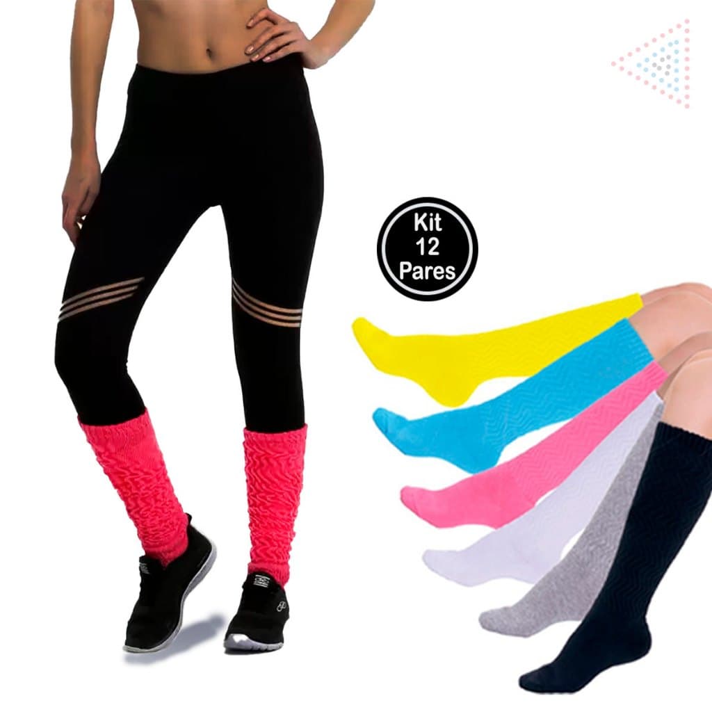 Kit 12 Pares Meias Feminina Colorida Aeróbica Academia Fitnes Algodão Esportes Cano Alto