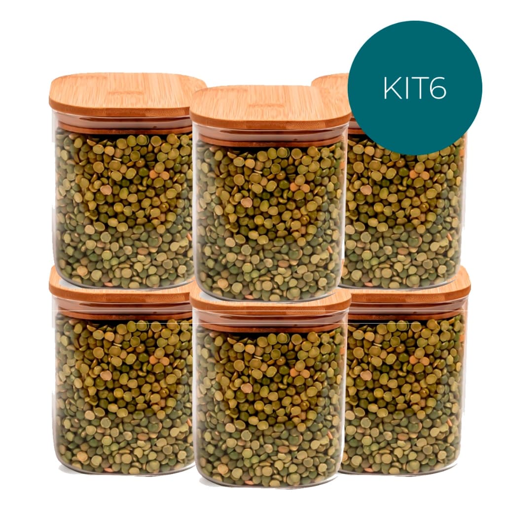 Kit 6 Potes De Vidro Mantimentos Quadrado Flat 700ml Tampa Bambu