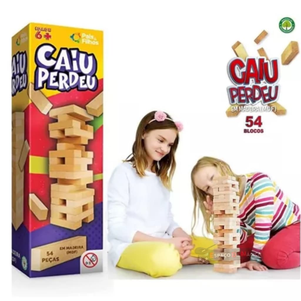 Jogo Caiu Perdeu Pais e Filhos de Madeira Jogo da Torre de Madeira 54 Peças Desenvolve Coordenação Motora