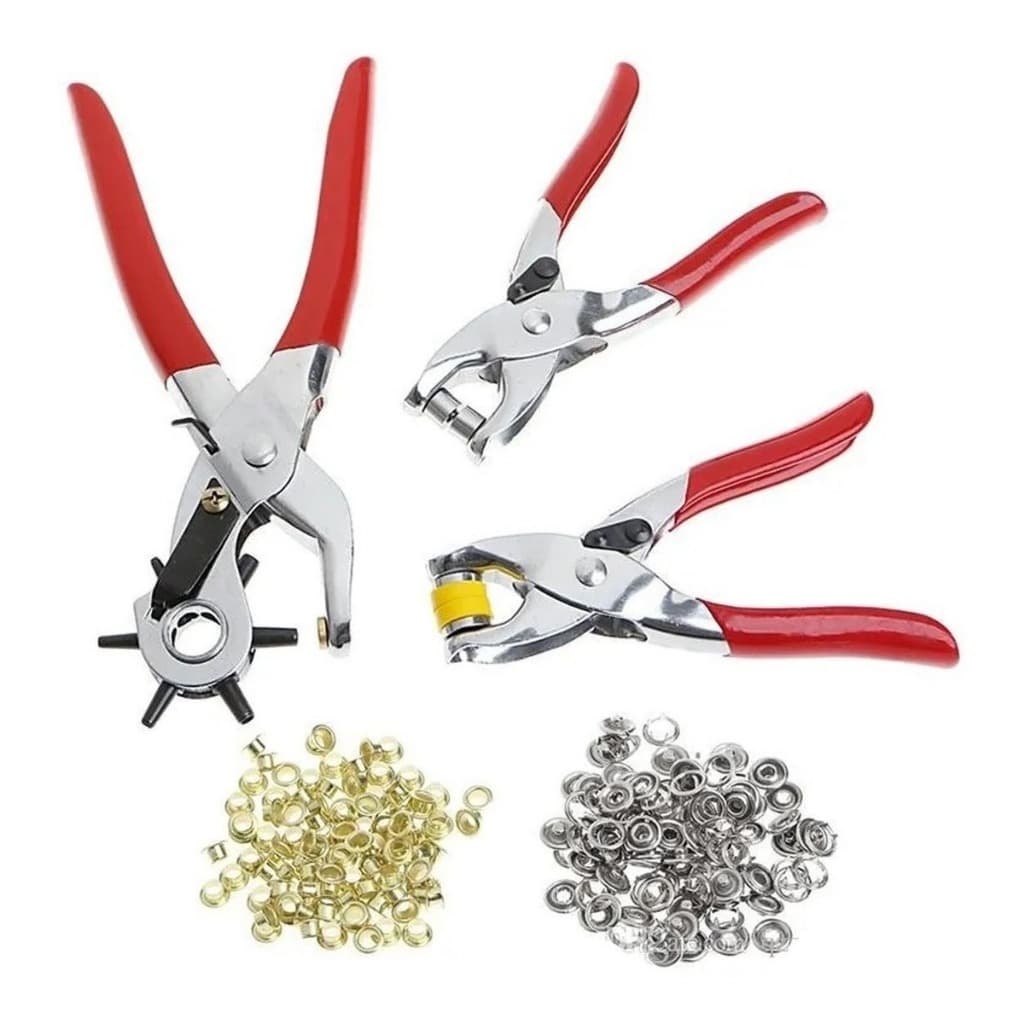 3 Alicates Vazador 6 Medidas Aplicador Ilhós + Aplicador de Botão Metal + Furador