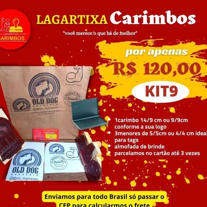 kit 09 Carimbos personalizados(1 Carimbo da logo 9/9 ou 14/9 cm + 3 Carimbos de 4/4cm ou 5/5 cm )