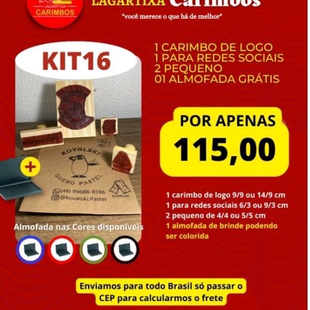 kit carimbos 16 ( 1 carimbo de logo + 2 carimbos para tag + 1 de rede social + almofada gratis)