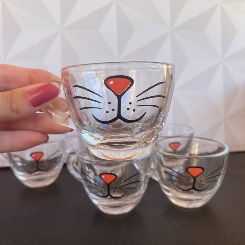 Jogo de xícara de café de vidro com 6 peças gatinho 55ml - kit conjunto de xicaras para cafe cha cappuccino de cozinha