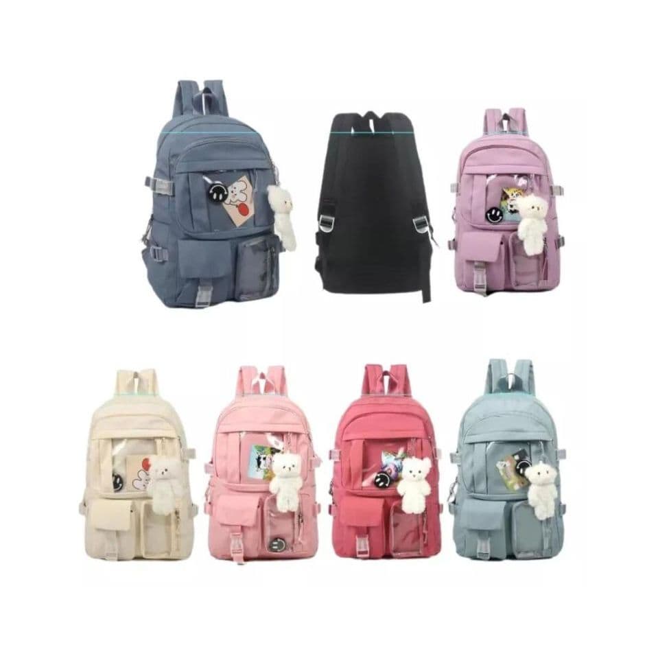 Mochila Escolar Feminina Chaveiro Urso Versão Coreana