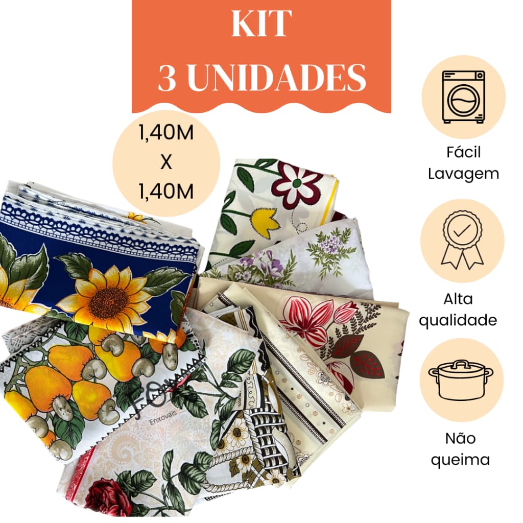 Kit 3 Toalhas de mesa 4 Lugares Quadrada de Alta Qualidade 100% Poliester 1,40m x 1,40m