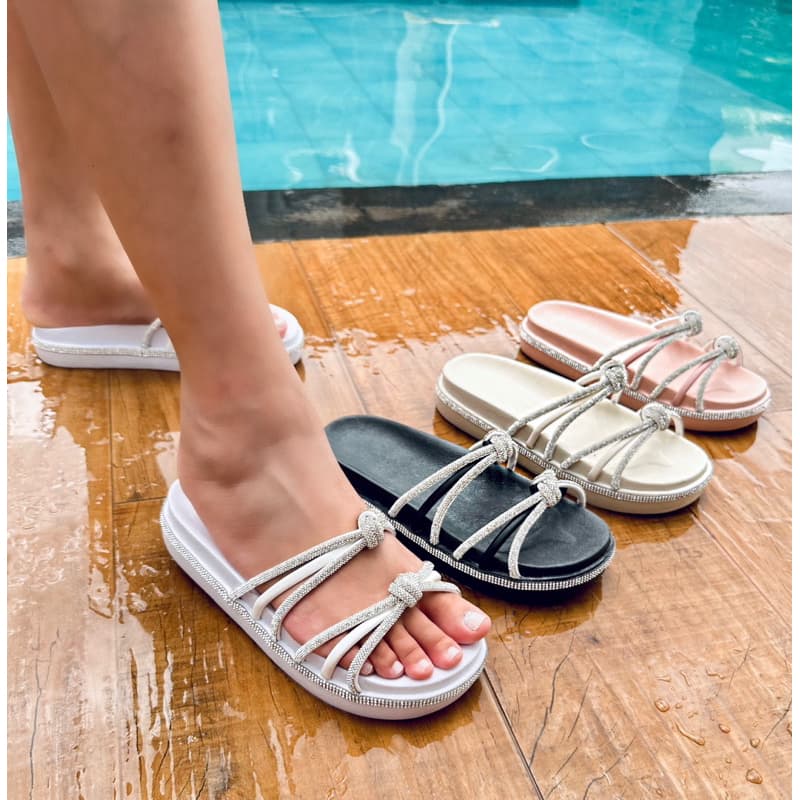 Papete feminina sandália plataforma brilho tiras strass manta conforto blogueira flatform (HELLI)