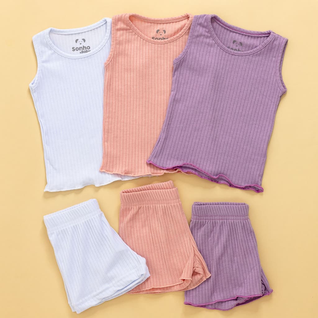 Kit 3 Conjunto Canelado Infantil Regata Feminina e Shorts